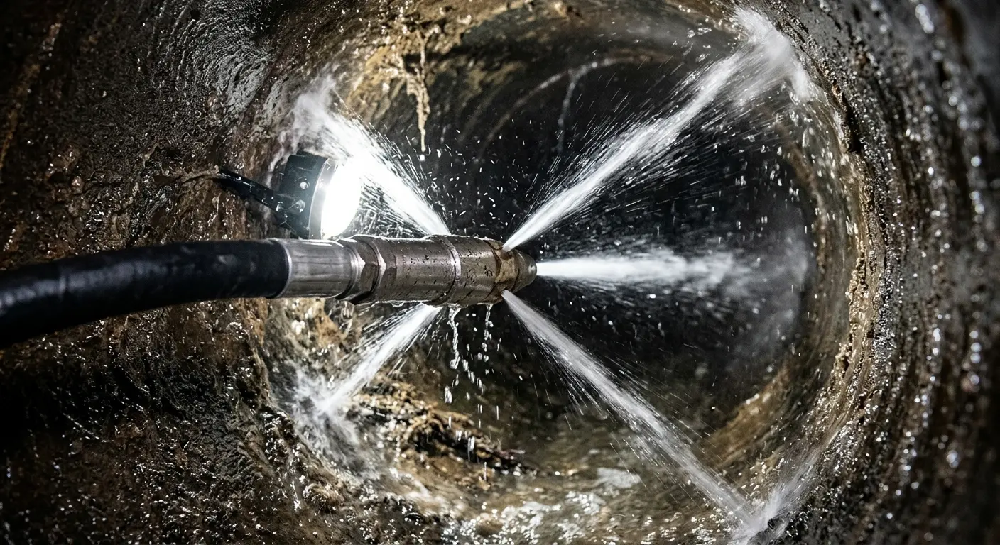 High-pressure hydro jetting nozzle cleaning sewer pipe for Emergency Drain Service in Union City