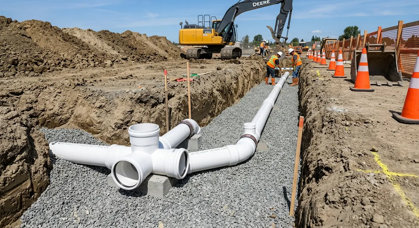 New PVC sewer pipe installation in open trench for Sewer Backup in Union City